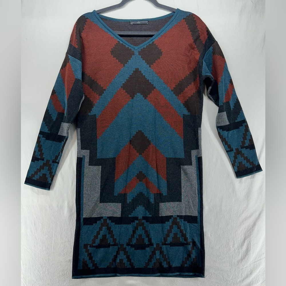 Peruvian Connection Blue Orange Green Aztec Geometric V-Neck Sweater Dress S‎